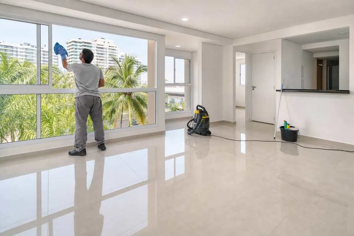 Sala de apartamento reformado após limpeza pós obra em Bela Vista, piso limpo e janela sendo limpa por profissional