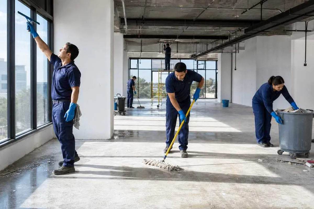 Equipe de limpeza profissional realizando limpeza pós-obra em escritório comercial em Bela Vista