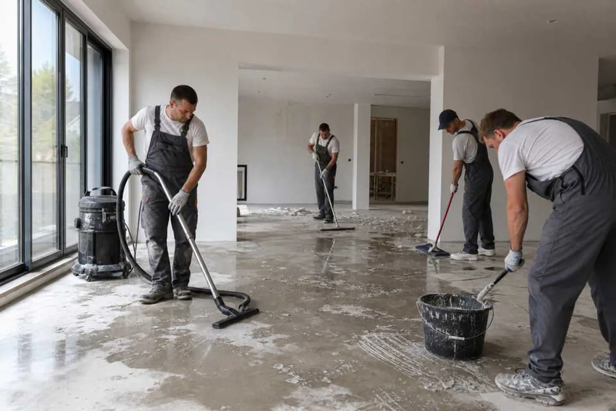 Equipe de limpeza pós-obra removendo resíduos de cimento e poeira em apartamento reformado em Bela Vista
