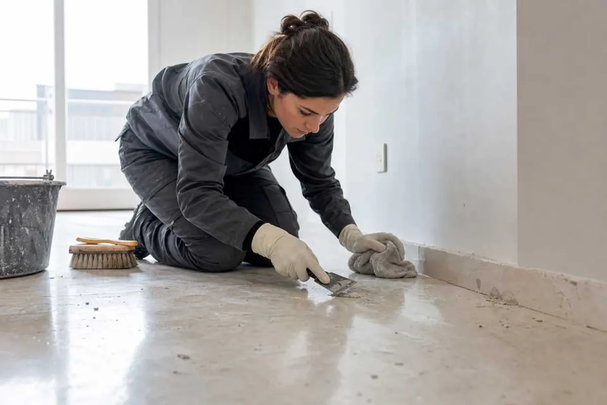 Profissional removendo respingos de tinta e cimento de piso e parede em limpeza pos-obra