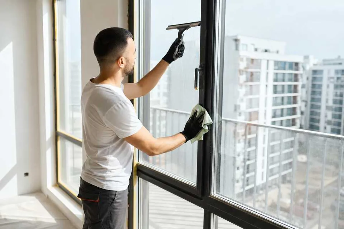 Profissional limpando vidros e janelas apos obra removendo poeira e residuos