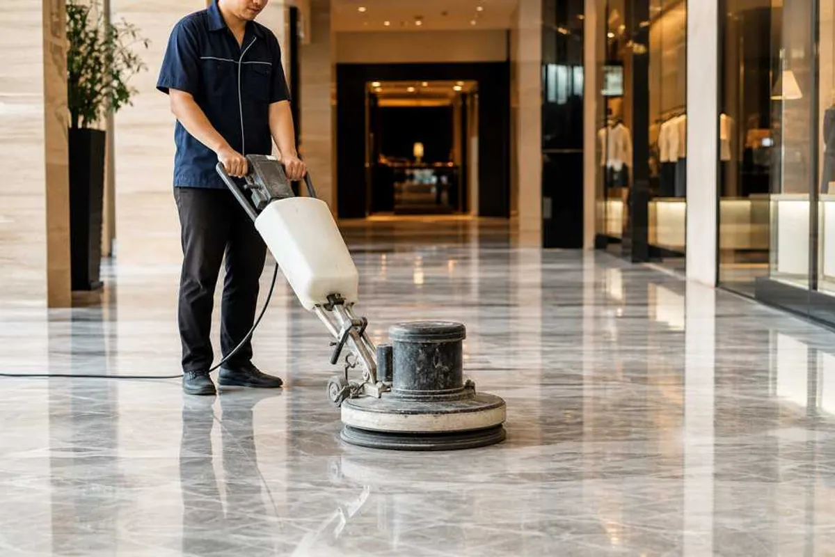 Trabalhador aplicando enceramento e cristalizacao em piso com maquina rotativa, acabamento brilhante