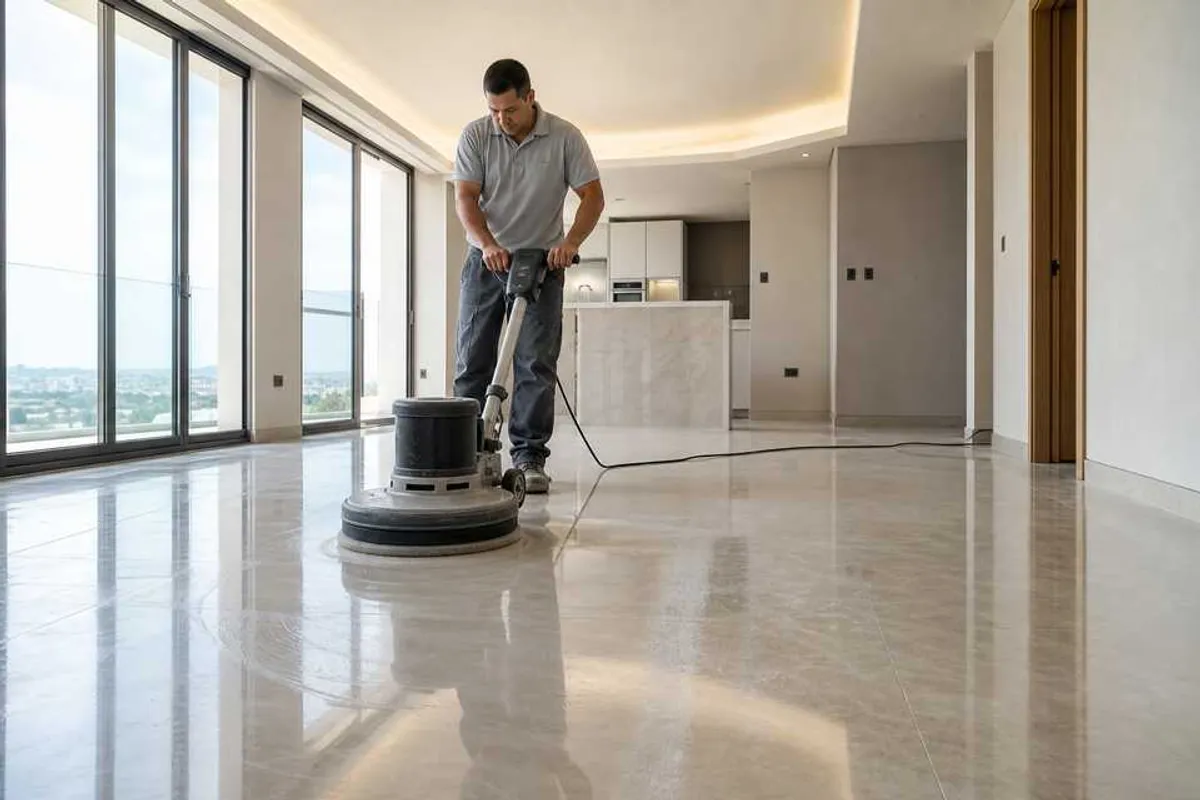 Profissional polindo piso de porcelanato com enceradeira industrial em apartamento novo pós-obra